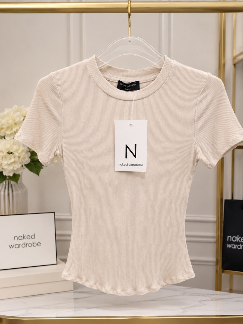 Naked Wardrobe Cream Ribbed Short Sleeve Fitted Top NWT Size Small